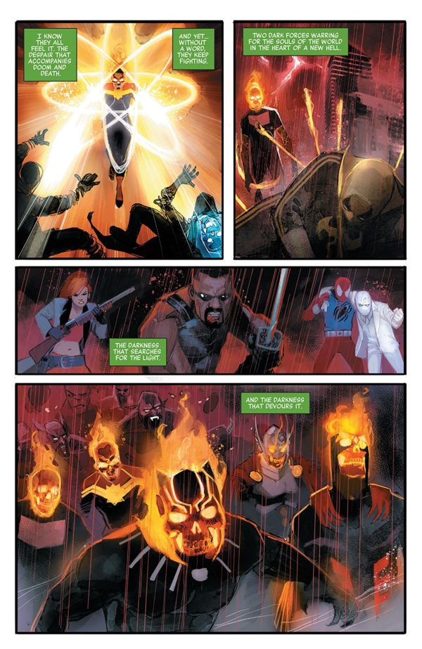 Wong and the Midnight Sons make their final stand against the hordes of Hell and the demonically-possessed Avengers. Before long, Mephisto himself arrives to gloat over having killed Johnny Blaze. However, Mephisto does not know that the Ghost Rider has become the king of Hell, and the tides may soon turn in favor of Wong. Doctor Strange: Damnation ends better than it began. While some of the deliberate lack of repentance on the part of Stephen Strange and the lack of focus on the members of the Midnight Sons that aren’t Wong and Strange does bother me, this final installment didn’t really get on my nerves as much as the first. Don’t get me wrong, this issue still has a myriad of problems that keep it from being required reading. This story was stretched to breaking point, and a good portion of what matters happened in the Ghost Rider issue. This book is a protracted third act. As far as plot-relevance goes, Blade, Doctor Voodoo, Bloodstone, Man-Thing, Scarlet Spider, Moon Knight, and Iron Fist may as well not be here. Even in their own tie-ins, Iron Fist and Scarlet Spider don’t really do anything important to the story. The follow-up story promises more with the Midnight Sons though, and that will hopefully come to something. Rod Reis’ artwork is a welcome presence in this book. His style lends itself to the ethereal and surreal nature of this setting and plot. The color gradience adds a unique atmosphere and generally looks quite good. Szymon Kudranski and Dan Brown handle the epilogue with the Midnight Sons and Doc Strange. The more realistic aesthetic does contrast Reis’ work in an odd manner, but it looks good too. Doctor Strange: Damnation #4 is a decent enough read. If you liked the rest of the story, you’ll like this one too. The fact that the story at least acknowledges that Strange’s idea was terrible from the start and ties it to personal problems helps a lot. Reis, Kudranksi, and Brown provide good visuals. Feel free to check it out.