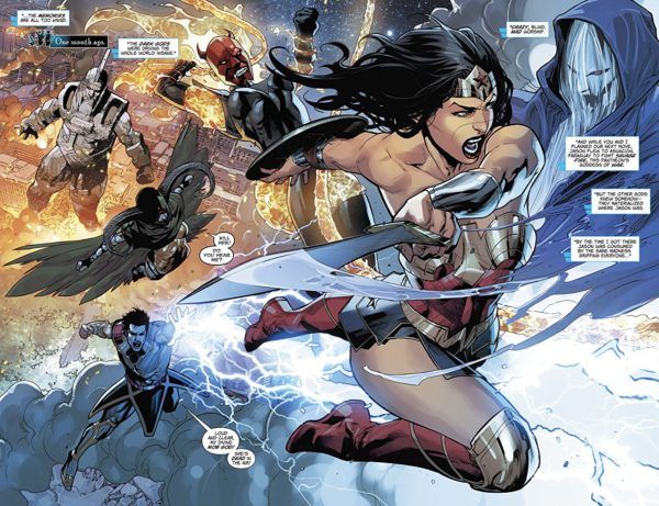 Wonder Woman #50 art by Stephen Segovia, Jesus Merino and Andy Owens, Emanuela Lupacchino and Ray McCarthy, Romulo Fajardo Jr., and Chris Sotomayor