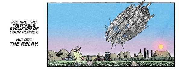 city sized ship hovers over a farm and workers