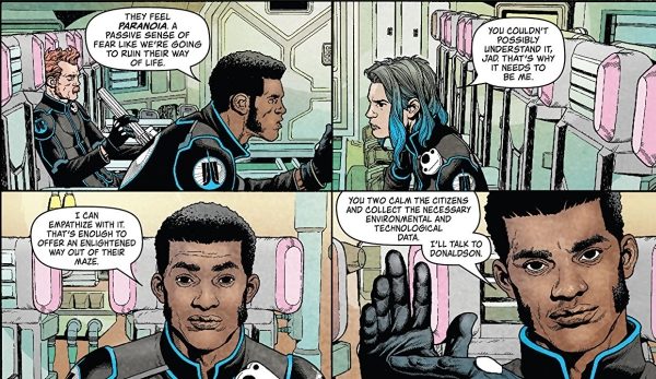 Jad and Victoria argue closely whilst you still see William cleaning his gun in the background.